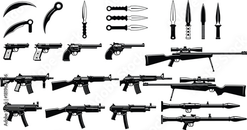 Weapon silhouette vector set, black military guns, knives, daggers, pistols, rifles, RPGs, tactical gear, combat tools, isolated icons, illustration pack