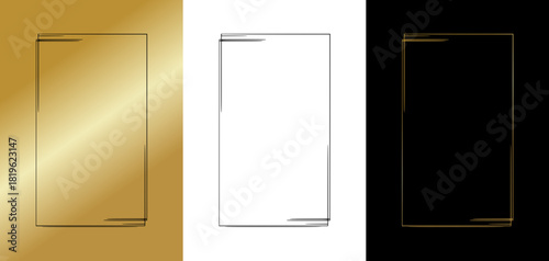 Modern frame in minimalist style, isolated monochrome vector image, three variants on gold, transparent, and black backgrounds