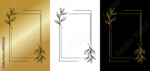 Minimal Botanical Line Art Frames, isolated monochrome vector image, three variants on gold, transparent, and black backgrounds