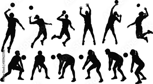 Volleyball Players Silhouettes Vector Set, Dynamic Action Poses for Spiking, Serving, and Blocking, Sport and Competition Graphic, Athletics and Team Game Design, Isolated on White
