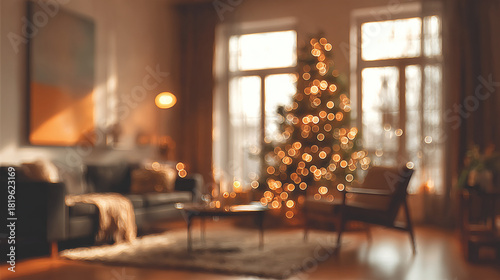 A cozy living room is beautifully decorated for the festive season, with a Christmas tree sparkling with lights, sofa, chair and a picture on the wall