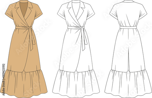 Women’s wrap maxi dress technical flat sketch with front and back views, tiered hem details, cad drawing flat vector illustration fashion design