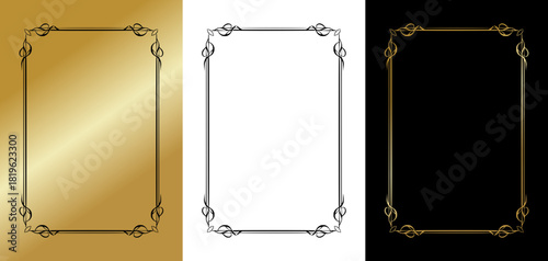 Classic Thin Ornamental Frames with Subtle Vintage Accents, isolated monochrome vector image, three variants on gold, transparent, and black backgrounds