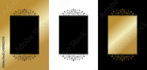 Elegant rectangular photo frames, isolated monochrome vector image, three variants on gold, transparent, and black backgrounds
