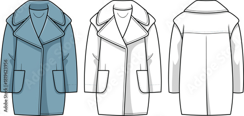 Oversized women’s coat technical fashion sketch, front and back views, detailed sewing lines, cad drawing flat vector illustration for apparel design