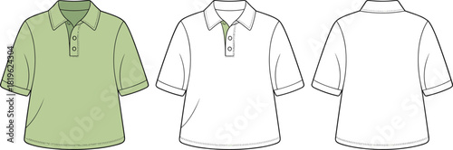 Polo shirt fashion template with front and back views, technical garment sketch, cad drawing flat vector illustration for apparel design and production