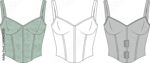 Elegant corset top fashion design, technical garment sketch, cad drawing flat vector illustration showcasing detailed construction, seams, straps, and panels