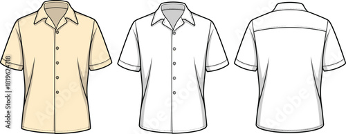 Short-sleeve shirt technical flat sketch, vector apparel design template showing front and back views, garment outline illustration for fashion drafting