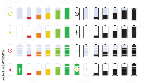 Battery vector icon collection. Battery charging symbol until fully charged. Charging presentation infographic sign. Vector illustration