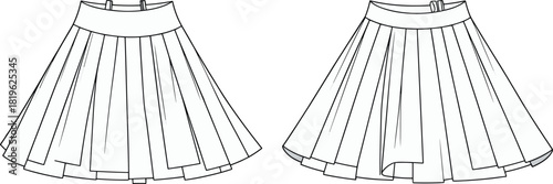 Pleated skirt fashion CAD drawing, technical flat sketch vector illustration showcasing garment design details, apparel construction, pattern layout, and professional fashion drafting