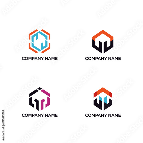Set of four abstract hexagonal logos with company name placeholders.
