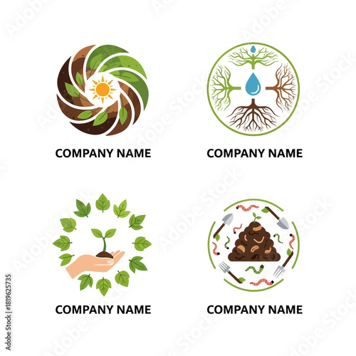 Set of four circular nature and gardening themed logo templates.