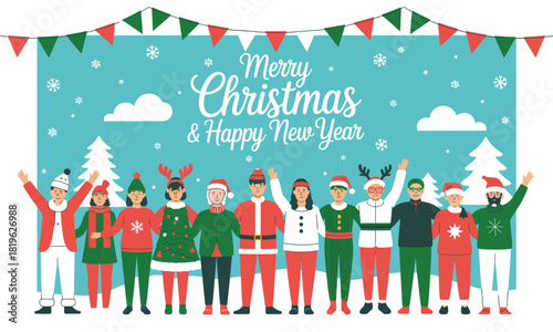 Merry Christmas and Happy New Year Illustration Featuring a Group of Teens Wearing Festive Holiday Costumes in a Cheerful Celebration Scene Presented as a Colorful Modern Vector Design for Seasonal Cr