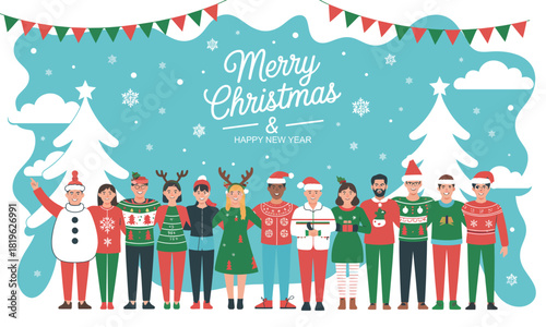 Merry Christmas and Happy New Year Illustration Featuring a Group of Teens Wearing Festive Holiday Costumes in a Cheerful Celebration Scene Presented as a Colorful Modern Vector Design for Seasonal Cr