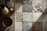 A rustic still life featuring antique pottery and a bowl on a wooden surface next to an array of decorative, textured tiles.
