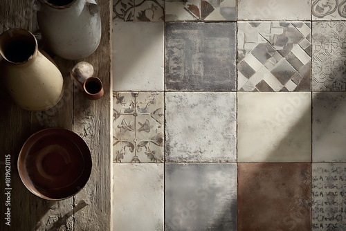 A rustic still life featuring antique pottery and a bowl on a wooden surface next to an array of decorative, textured tiles.