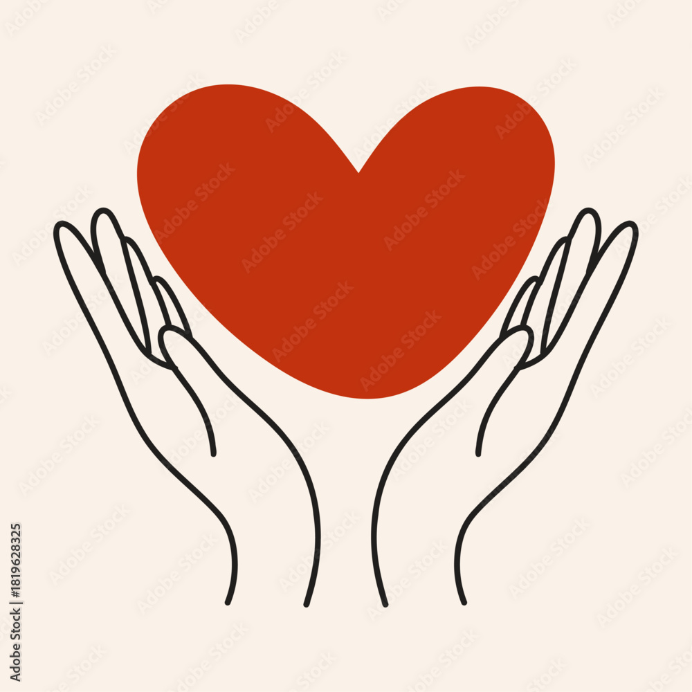 Obraz premium Valentine’s Day heart in hands — minimalist line art hands holding big red heart. Simple romantic design, love and care concept, modern linear style, warm soft background. 
