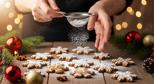 Decorating christmas gingerbread cookies with powdered sugar for holiday season