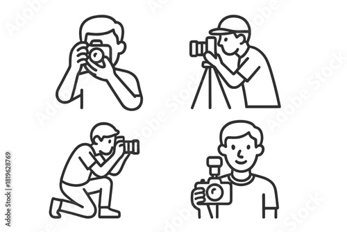 Photographers taking pictures with digital cameras and tripods, simple outline icons set