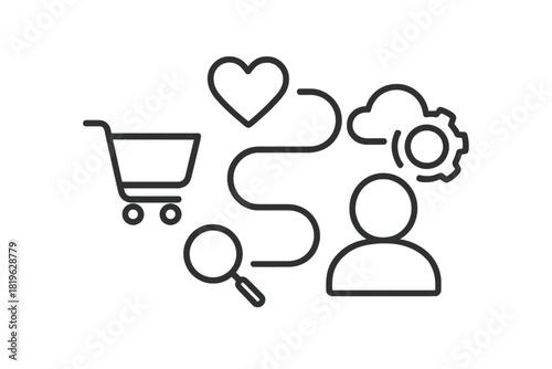 Digital customer journey flow with shopping search preference user profile and cloud process steps