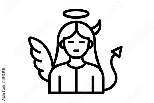 Black and white line art outline of a female figure symbolizing duality with angel and devil attributes
