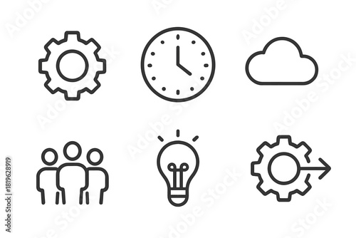 Business and technology line icons set: settings, time, cloud storage, team, idea, and workflow symbols