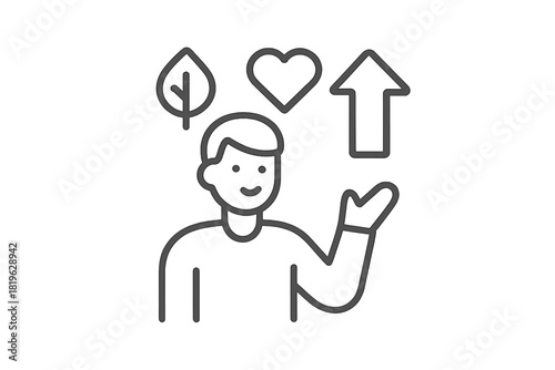 Smiling person surrounded by leaf, heart, and arrow symbols for positive values and self-improvement