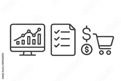 Financial growth chart, task list, money symbols, and online shopping cart concepts
