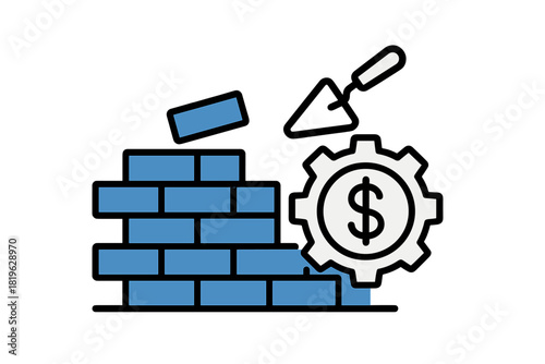 Financial foundation building concept with brick wall, construction tools, and money gear