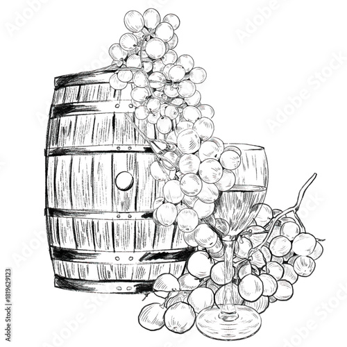 Wooden barrel, glass of wine and grape branch with bunches of grapes and leaves. Concept of winemaking, production and sale of wine Black and white graphics for wine stories, tasting, menu, wine list