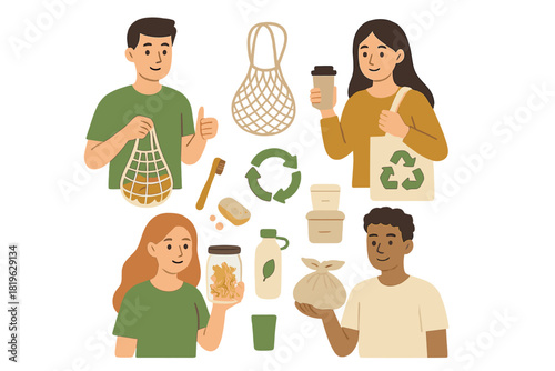 Diverse young people promoting zero waste lifestyle using reusable containers and eco-friendly items