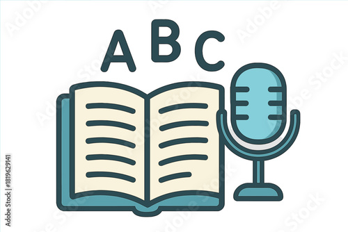 Open book with text lines next to a classic studio microphone and the letters ABC