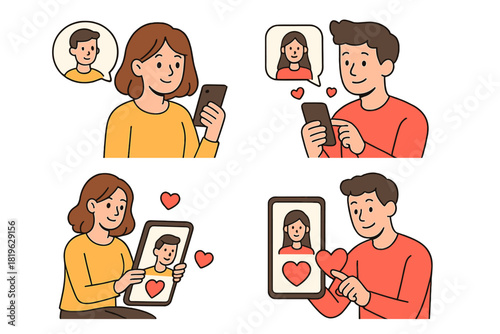Digital dating and social networking with people sending hearts and messages on mobile phones