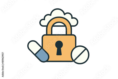 Cloud security padlock protecting medical data and restricted pharmaceutical access