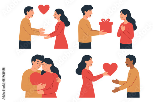 Diverse loving couples hugging, exchanging hearts and presents, celebrating romance