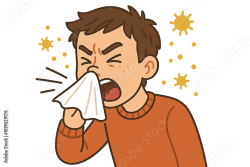 Person sneezing violently into tissue surrounded by airborne allergens