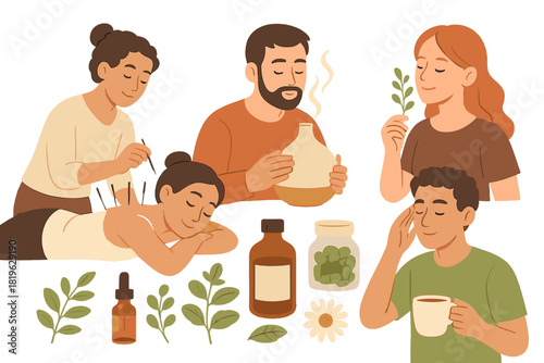 Diverse people practicing holistic health, including acupuncture, aromatherapy, and herbal medicine