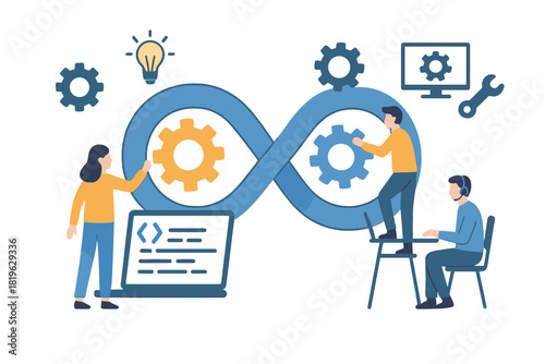 Continuous integration and delivery process represented by infinity loop and team collaboration