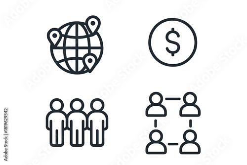 Essential business icons for global communication, financial transactions, and organizational structure