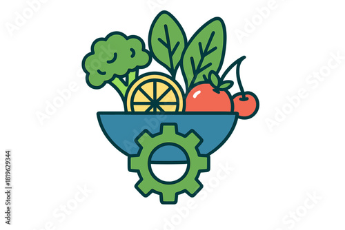 Colorful bowl of fresh produce resting on a mechanical gear representing healthy eating and dietary planning