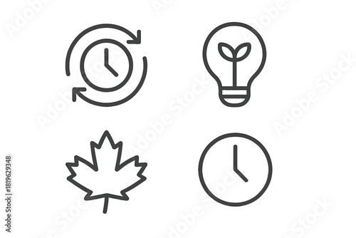 Minimalist outline icons for time, history, renewable energy, and the Canadian maple leaf