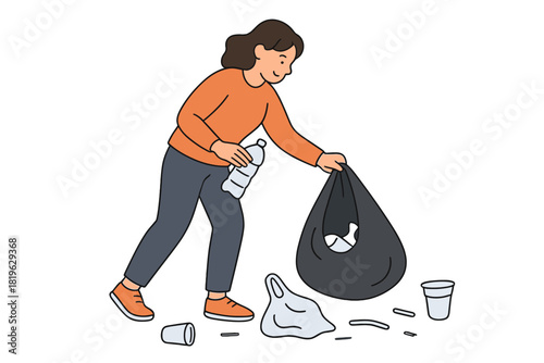 Person collecting plastic waste and litter from the ground into a large garbage bag