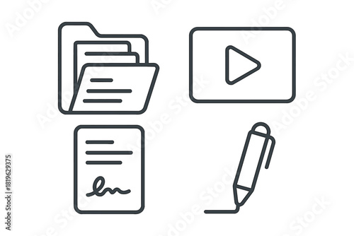 Digital document management and media icons: folder, video, contract, and signing pen symbols