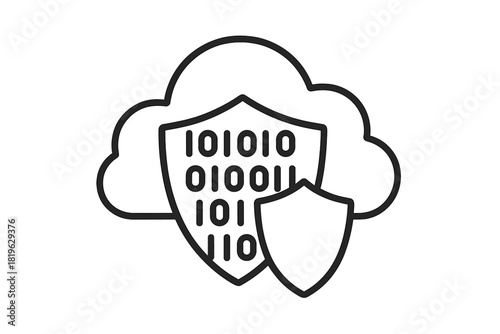 Protective shield covering binary code within a cloud shape symbolizing cybersecurity and data privacy