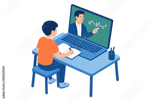 Student taking notes during online math class taught by professor via video conference