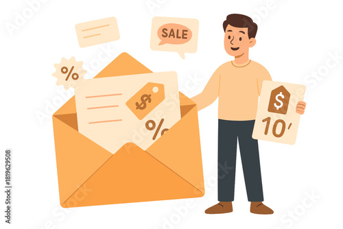 Smiling man holding a discount sign next to a large open envelope filled with promotional sale coupons and marketing materials