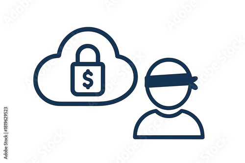Cloud data security concept showing locked financial information and a blindfolded unauthorized user