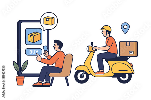 Customer buying products online with mobile app and receiving fast scooter delivery