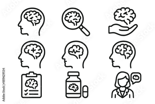 Mental health and neurology concepts including brain function, psychological care, diagnosis, and treatment