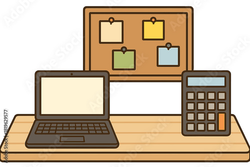 Workspace essentials featuring a laptop, calculator, and bulletin board with colorful memo notes